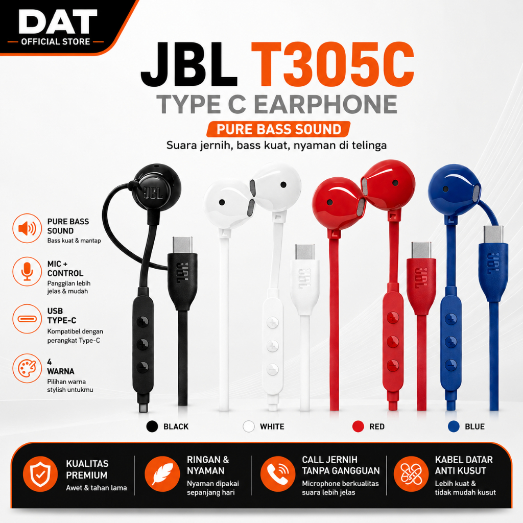 JBL Earphone JBL T305C Type-C Pure Bass Sound Headset dengan Mic & Control