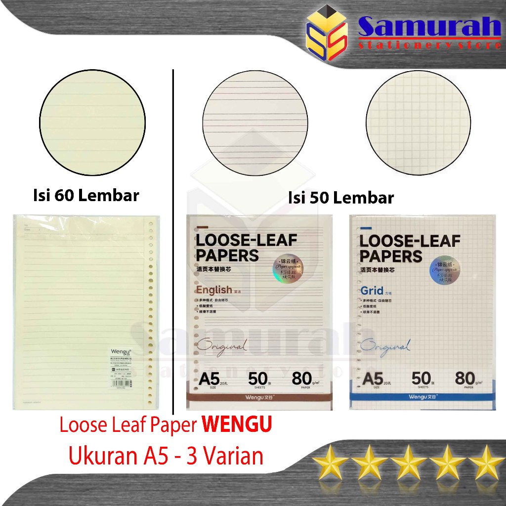 Loose Leaf A5 50 Wengu Kecil Bergaris isi 50 lembar Garis 4 / Kotak kecil / Kertas isi Binder File W