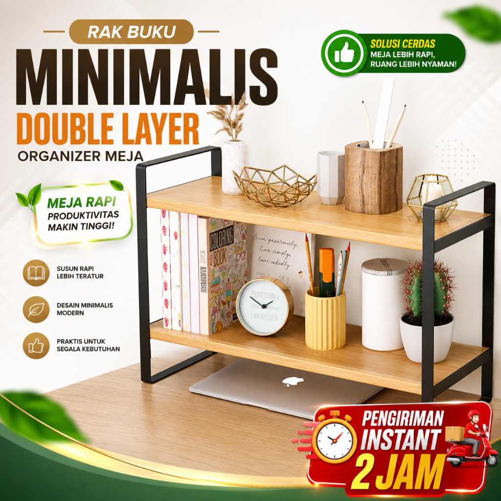Rak Buku Minimalis Double Layer Organizer Meja Kayu Besi DIY / Rak Buku Meja