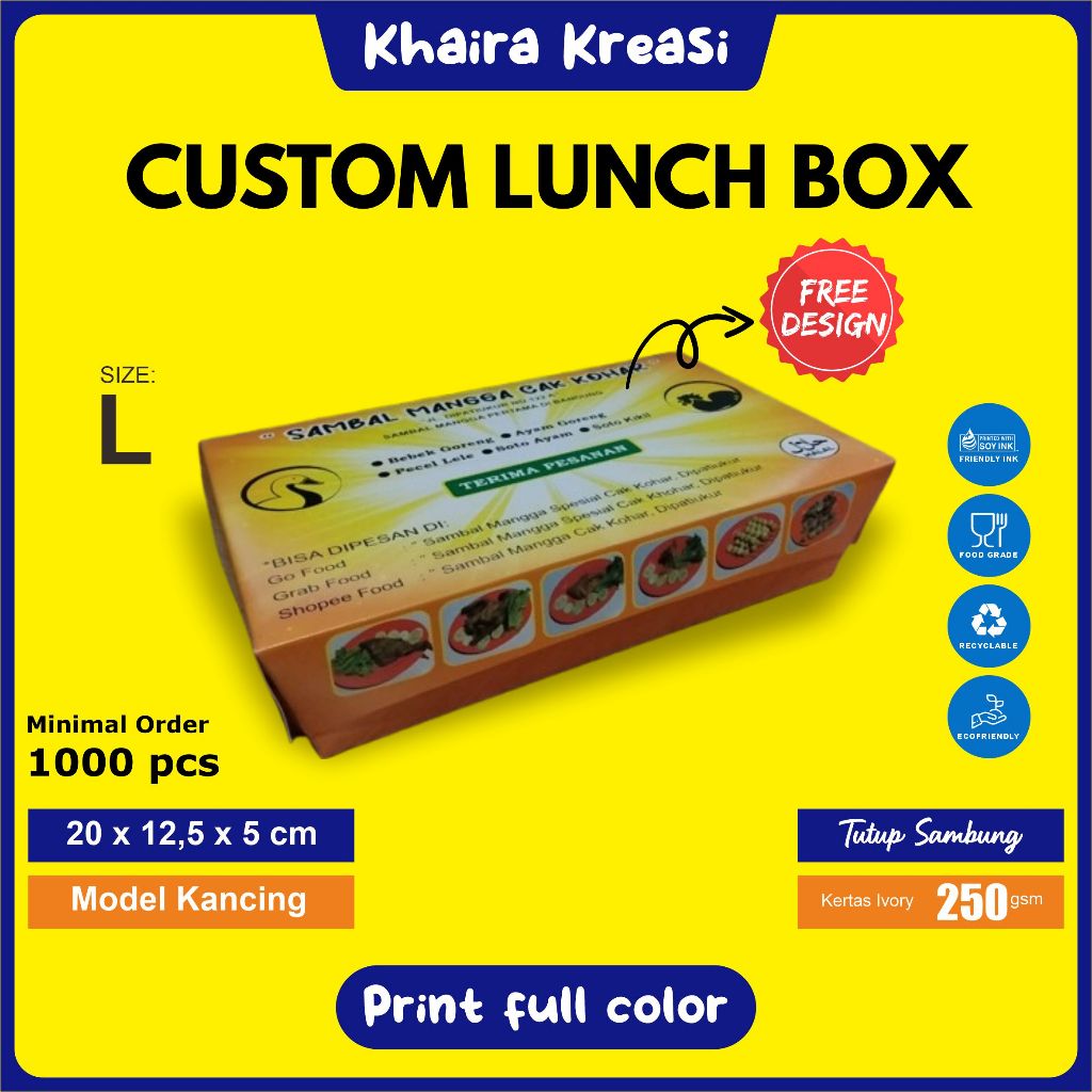 Custom Cetak Paper Lunch Box Size L Food Grade Full Print