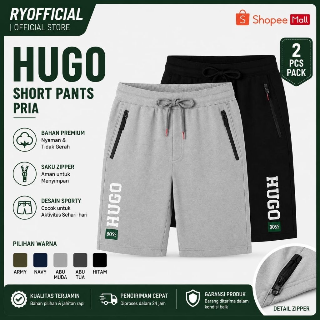 Celana Pendek Pria JUMBO Hugo Boss Premium 1PCS Pack Short Pants Sporty Casual Celana Santai Pria Sa