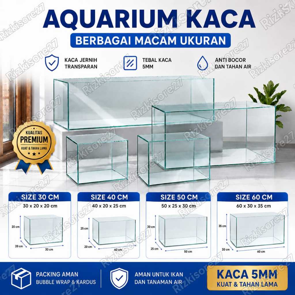 Aquarium Kaca Ukuran 30, 40, 50, 60, 80 Cm Background