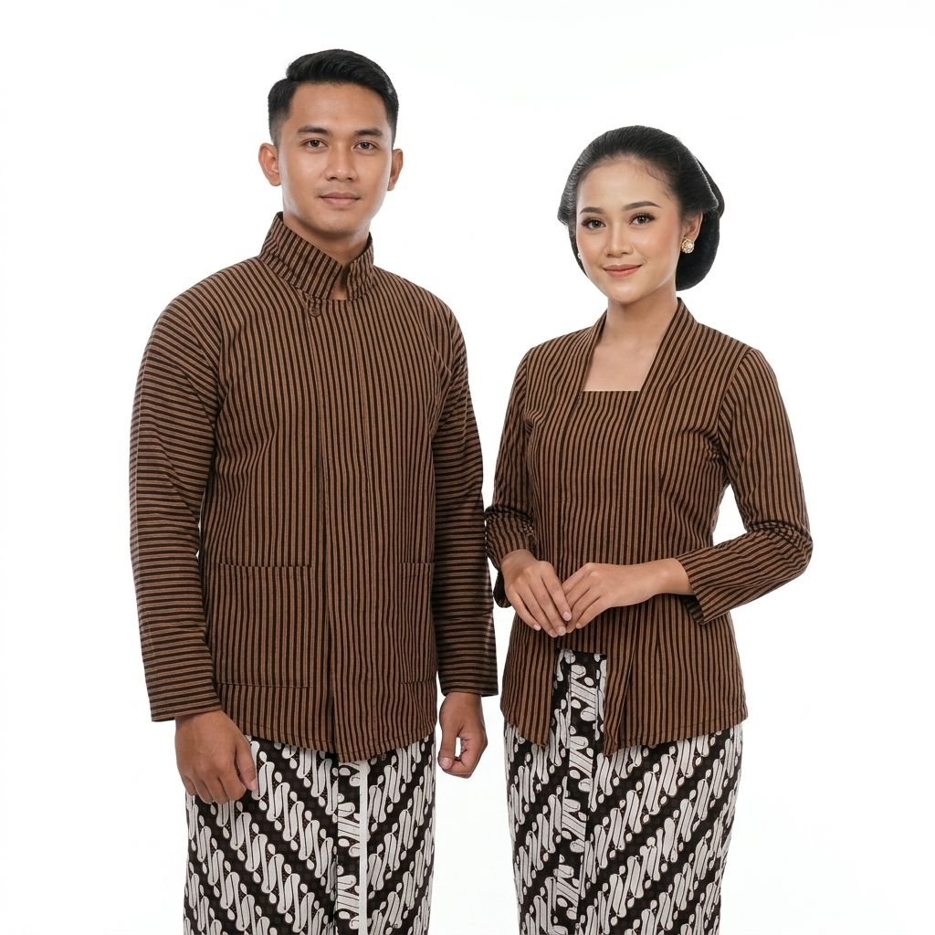 Pakaian Adat Jawa Couple Lurik Sorjan Pria Wanita Kebaya Busana Panggung Jumbo Coklat Hitam