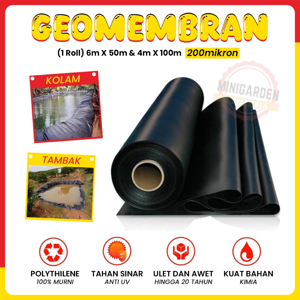 GEOMEMBRAN PLASTIK HDPE 1 ROLL 6 METER X 50METER & 4METER X 100METER 200 MIKRON uv hitam tambak