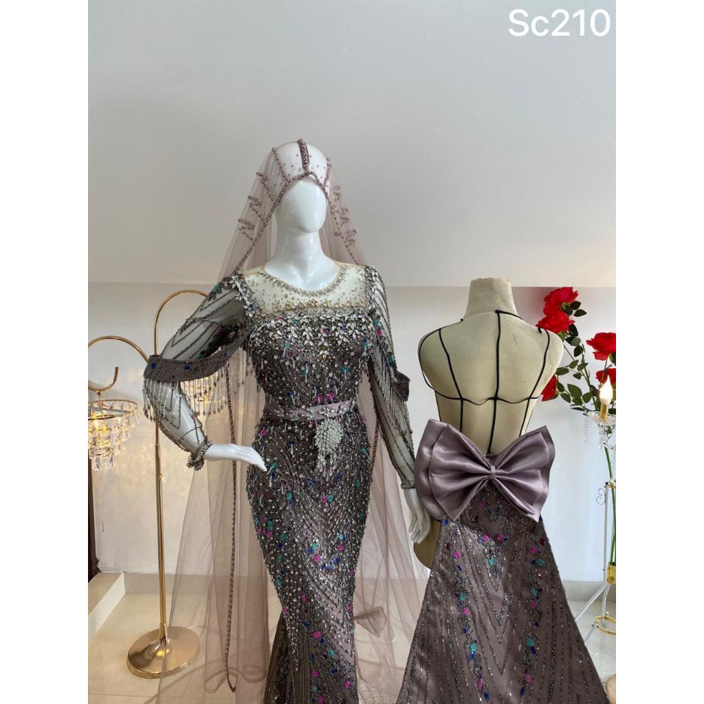 gaun dress pengantin moca nude coksu ekor cheongsam luxury