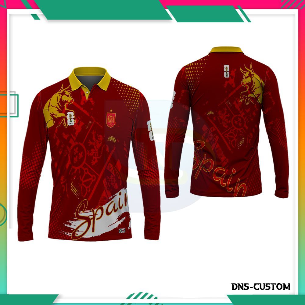 Kaos Polo Wangki Pria Spanyol Lengan Panjang Fullprint/Jersey Spain Custom