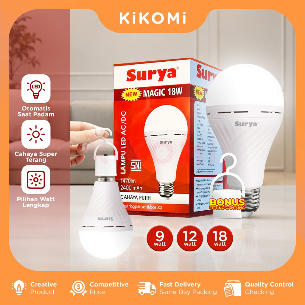 Surya Magic II Lampu Bohlam LED Emergency Tipe AC / DC 9W 12W 18W Cahaya Putih Super Terang - KK