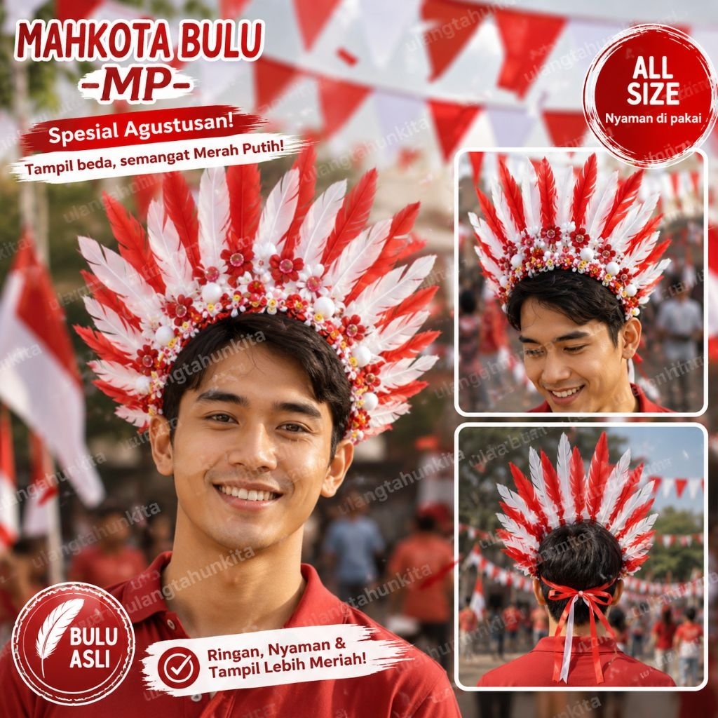 (New Design)Mahkota Bulu Merah putih,Aksesoris Bando Bulu Agustusan,Mahkota Bulu merah putih