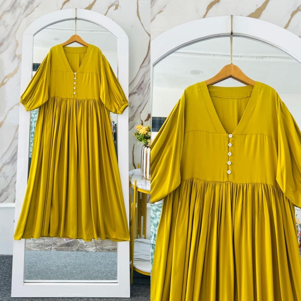 Midi Dress Wanita Yulia  Rayon twill  Premium Lengan Balon Busui Friendly Motif polos