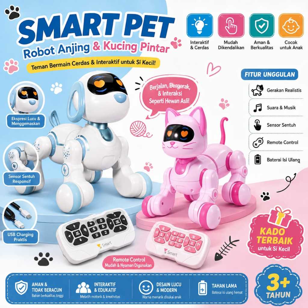Smart Robot Dog Biru Dan Smart Cat Mainan Anak Cowok Cewek Remote Control Kontrol Kado Hadiah