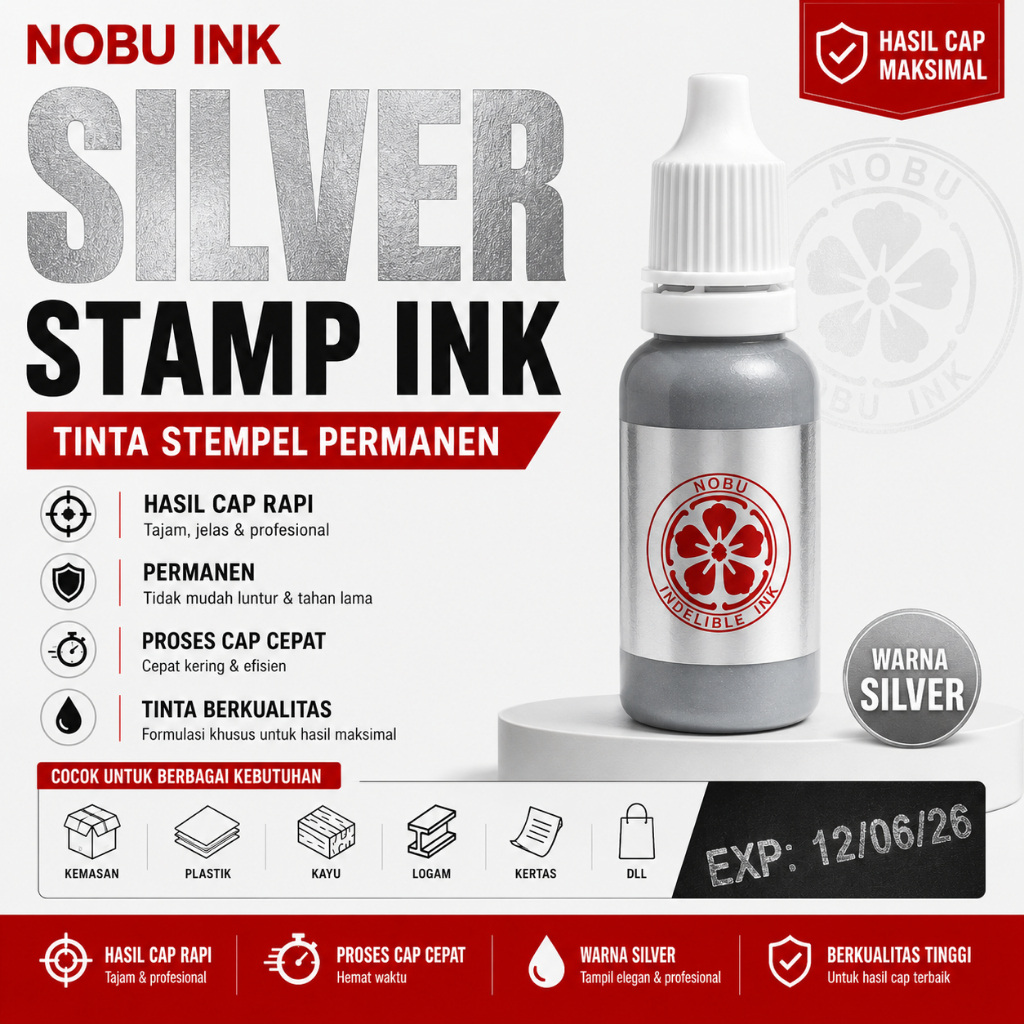 Nobu Ink  - Tinta Stempel Permanen Warna Silver, Perak, Gold, Emas ke Kain