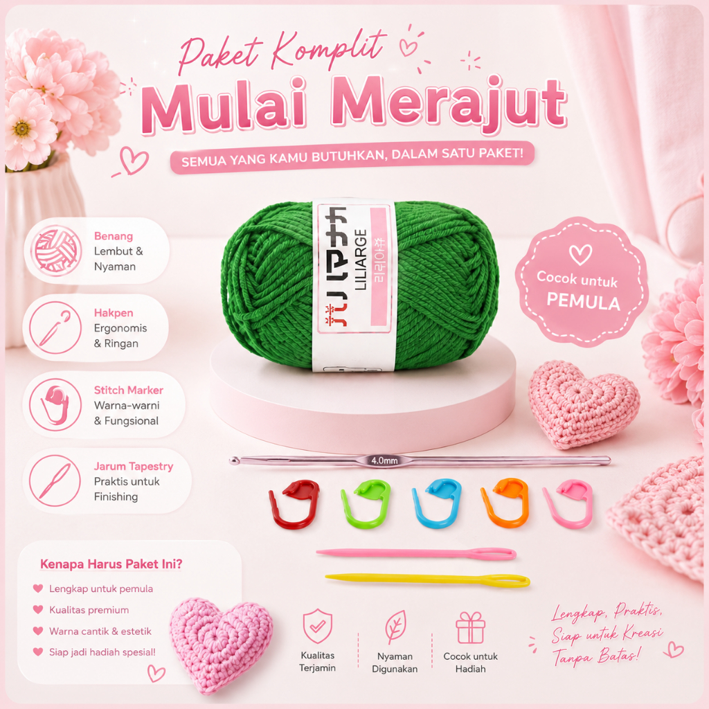 MADEBYBULAT RAJUT PEMULA Paket Rajut Pemula Benang Katun dan Alat Rajut Set Crochet Kit F Paket Raju