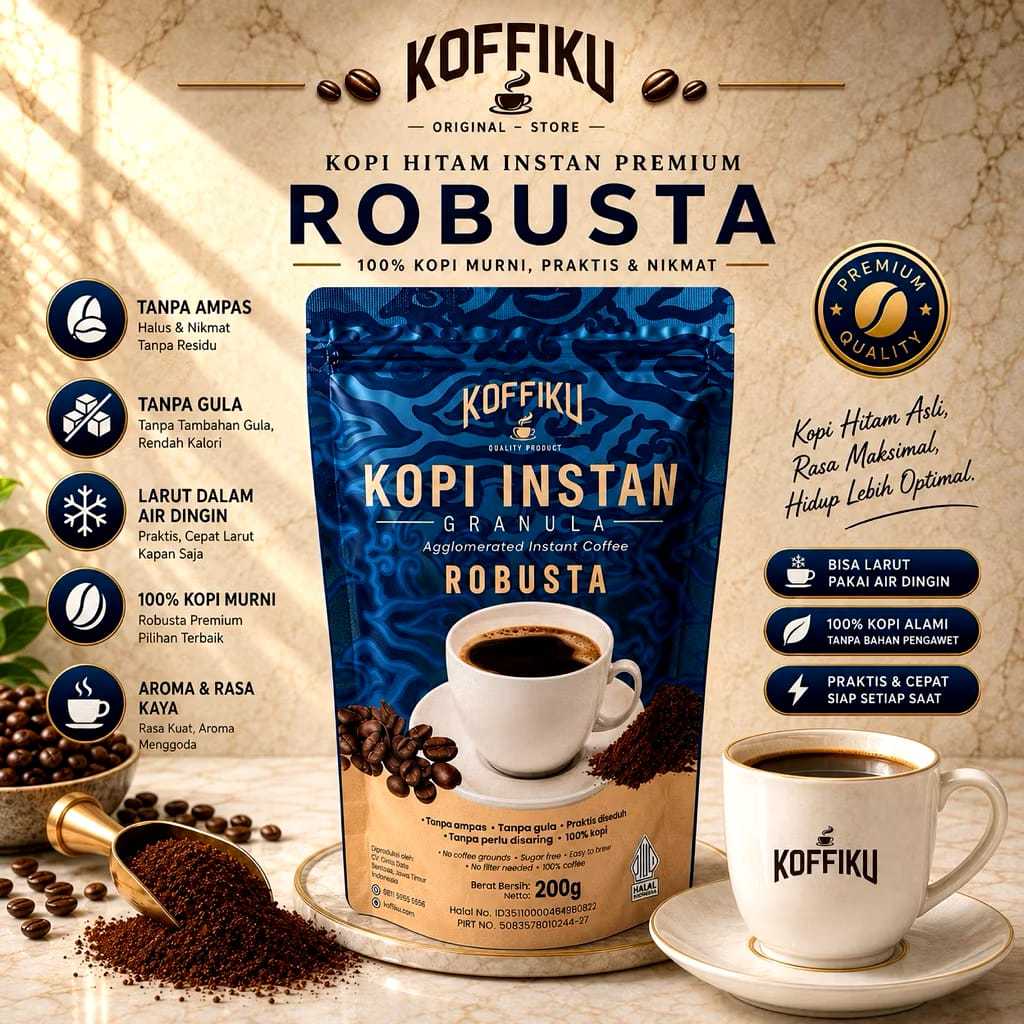 KOFFIKU [AGGLOMERATED] 200gr Kopi Instan Granule Hitam Ribusta Tanpa Ampas & Bebas Gula Praktis / Sp