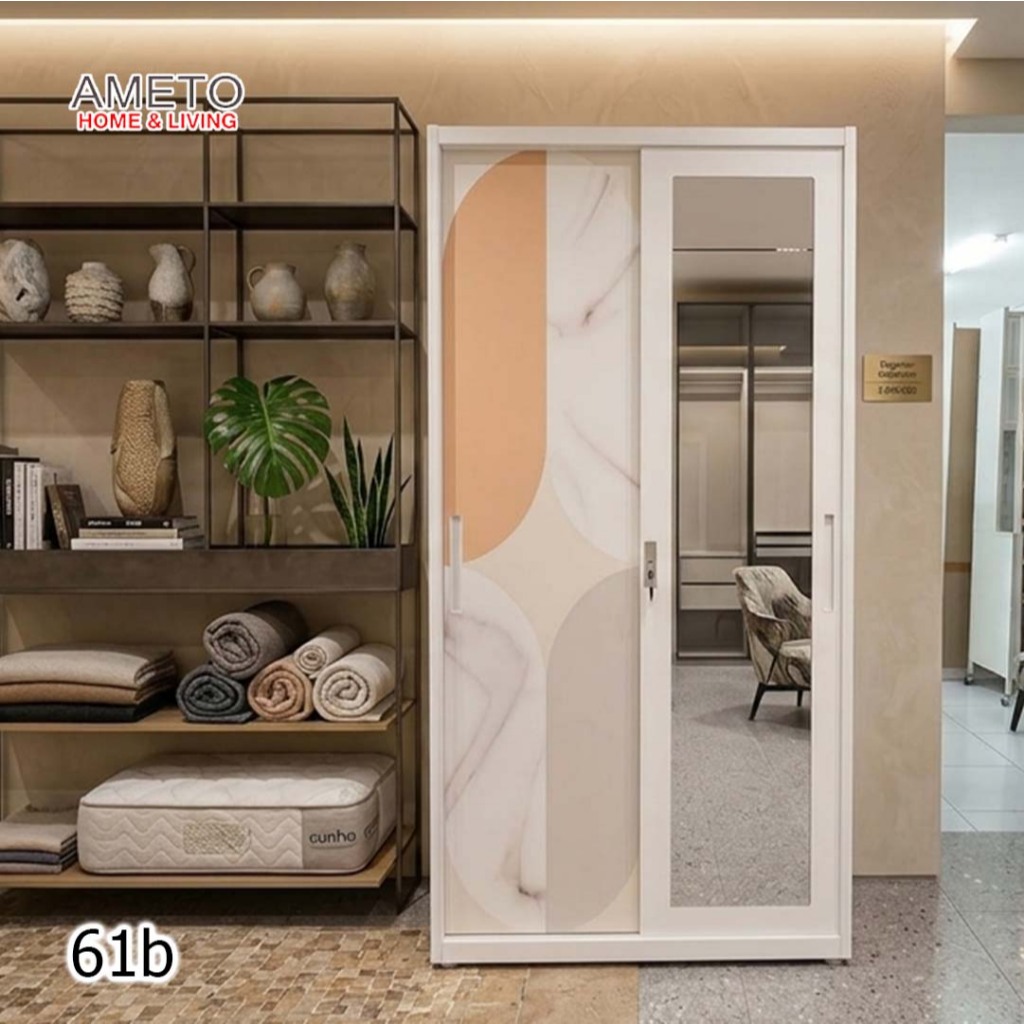 Lemari Pakaian Okelo Besi Importa 2 Pintu Sliding Minimalis + Cermin 90x185x50 cm Anti Air Anti Jamu