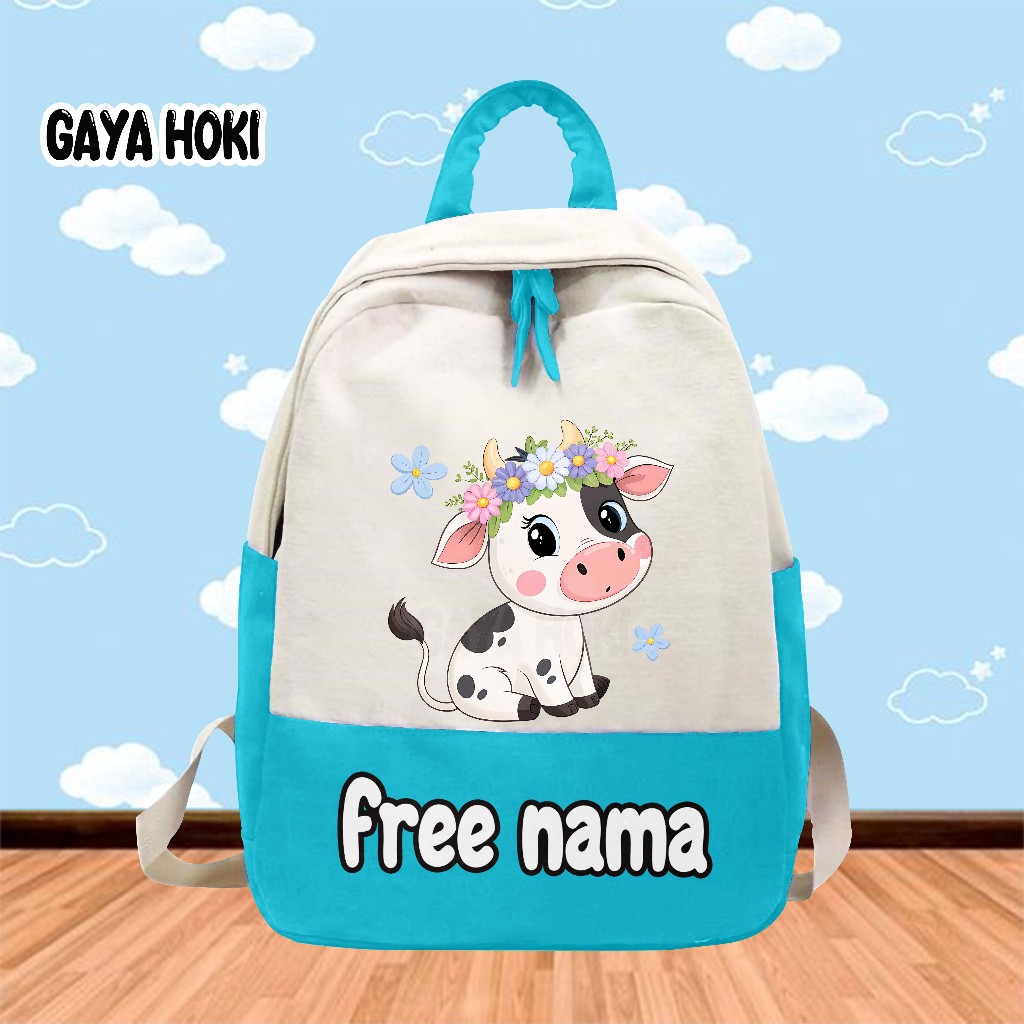 [FREE NAMA] Tas Ransel Tas Anak Sekolah TK/SD Gambar Sapi Bunga Cow Flower Lucu Cute Kawaii