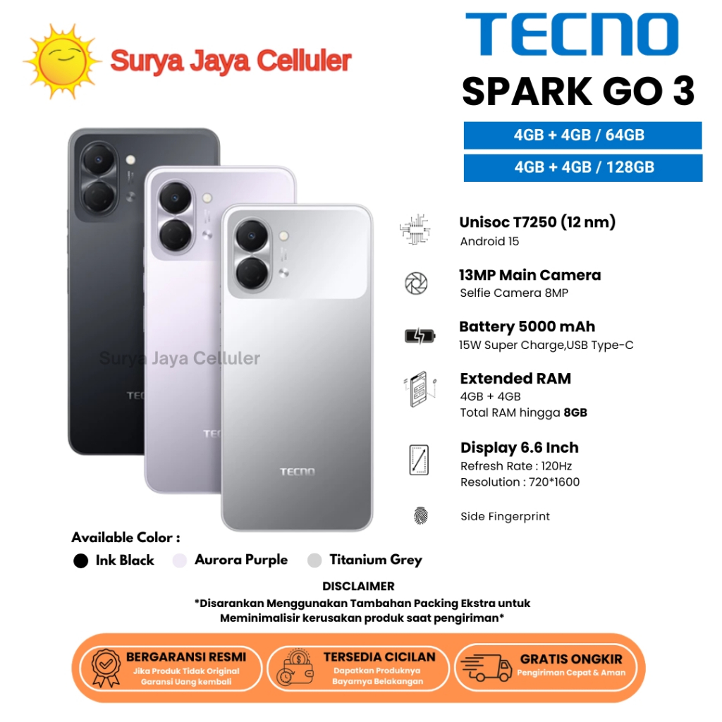 TECNO SPARK GO 3 4/128GB, GO 3 4/64GB, GO 2 4/128GB & GO 2 4/64GB (Garansi Resmi Tecno 1 Tahun)