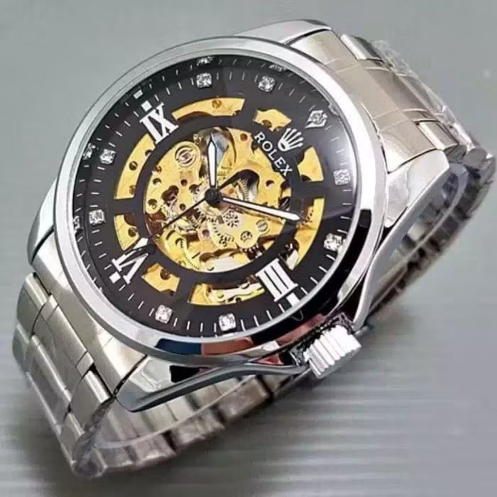 Jam Tangan Rolex Cowok Skeleton Automatic Transparan Rantai Stainless Anti Air Model Luxury