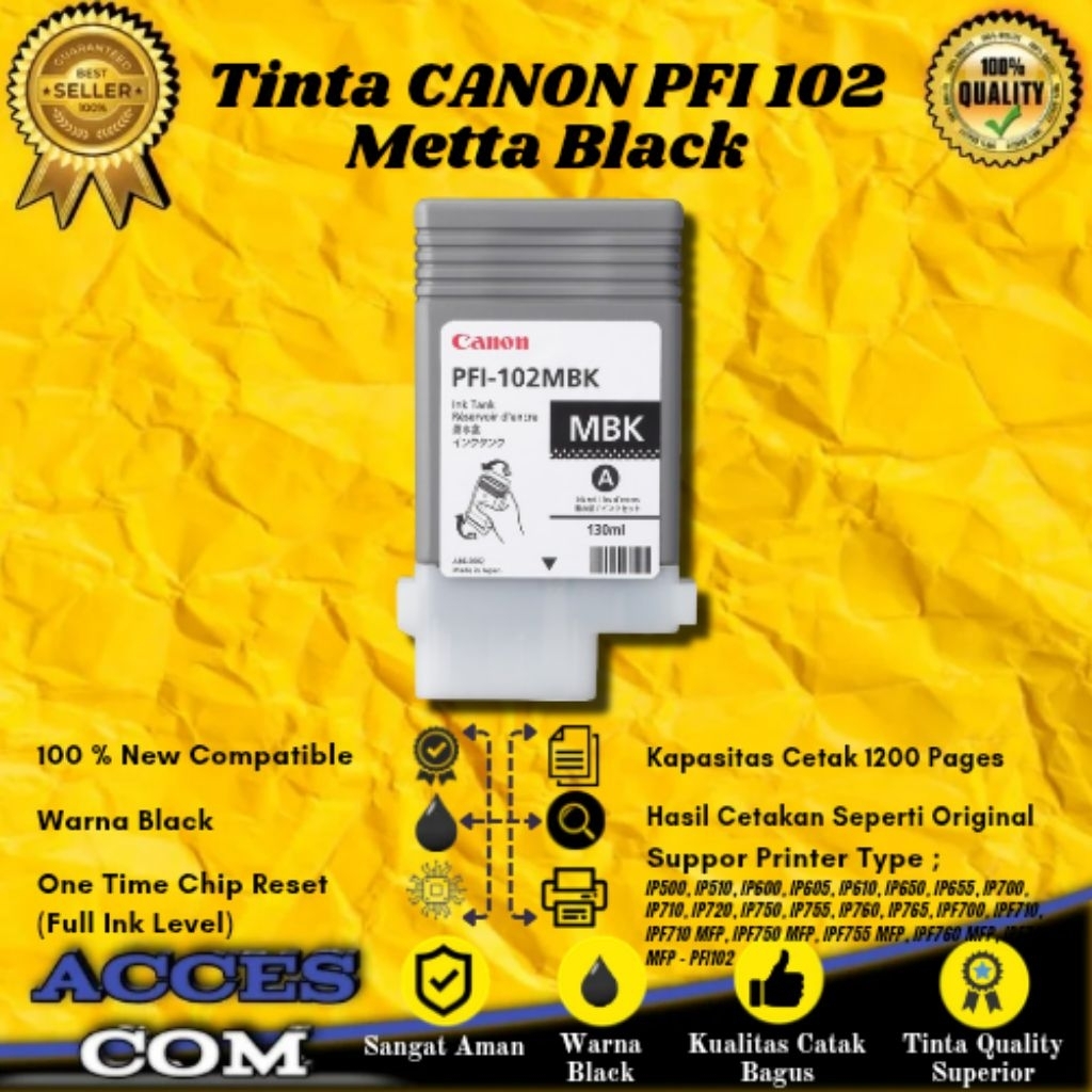 ACC" Compatible Cartridge Tinta Canon PFI 102 Metta Black (MBK) Printer iP500, iP510, iP600, iP605, 