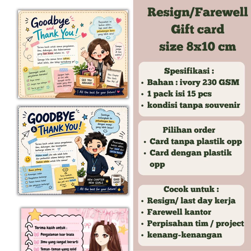 Kartu ucapan / Gift card Resign Kerja atau Farewell (10x8cm)