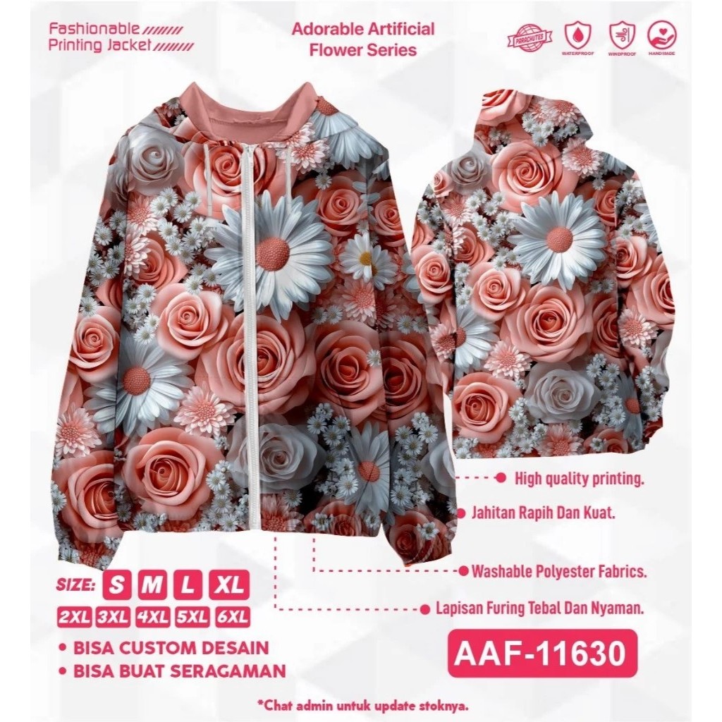 Jaket Parasut Wanita Printing Jumbo / over size pria dan wanita Motif Bunga Flower 3D Art01