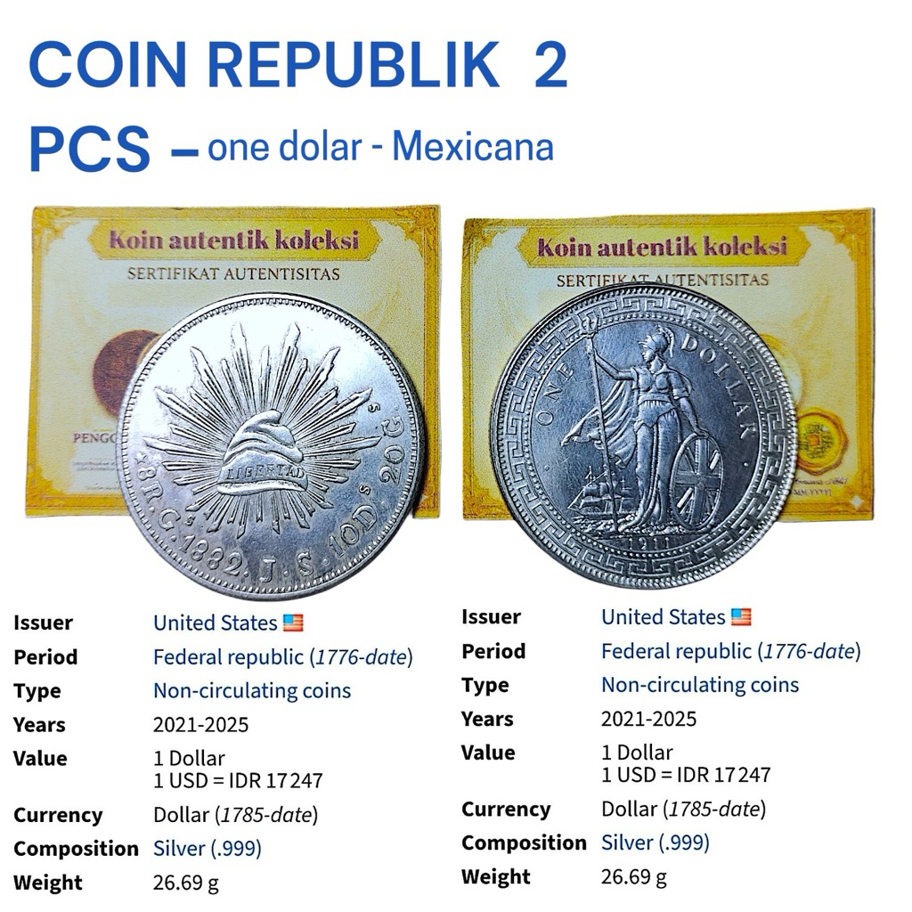 2 PCS Koin Coin One dolar Koin Mexicana #1802 1890 1980