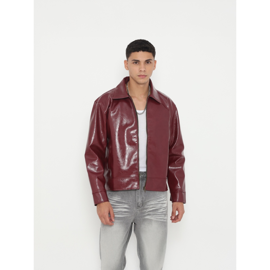 Jaket kulit boxy pria jaket kulit merah red leather jacket