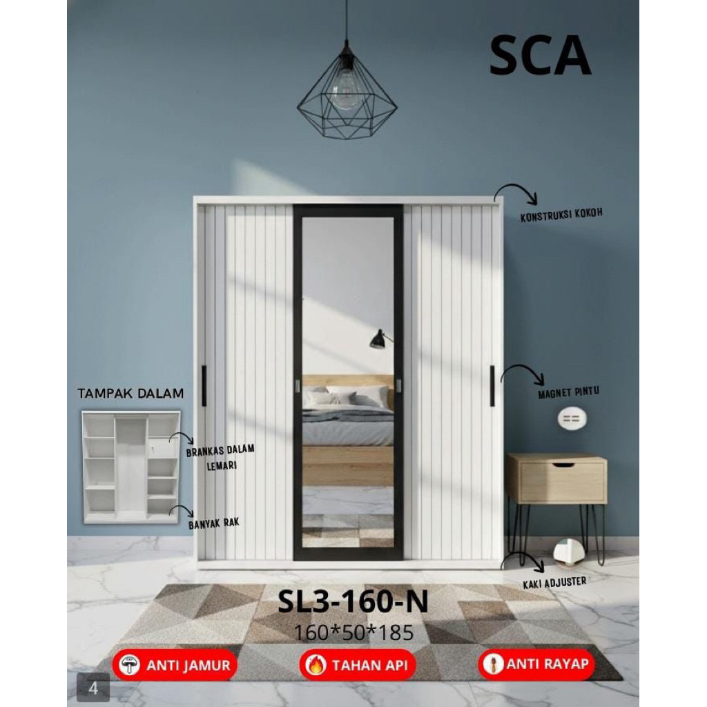AKSAD - Lemari Pakaian Besi 3 Pintu Sliding Lebar 160 Cm | Almari Baju Besi Jumbo Full Cermin
