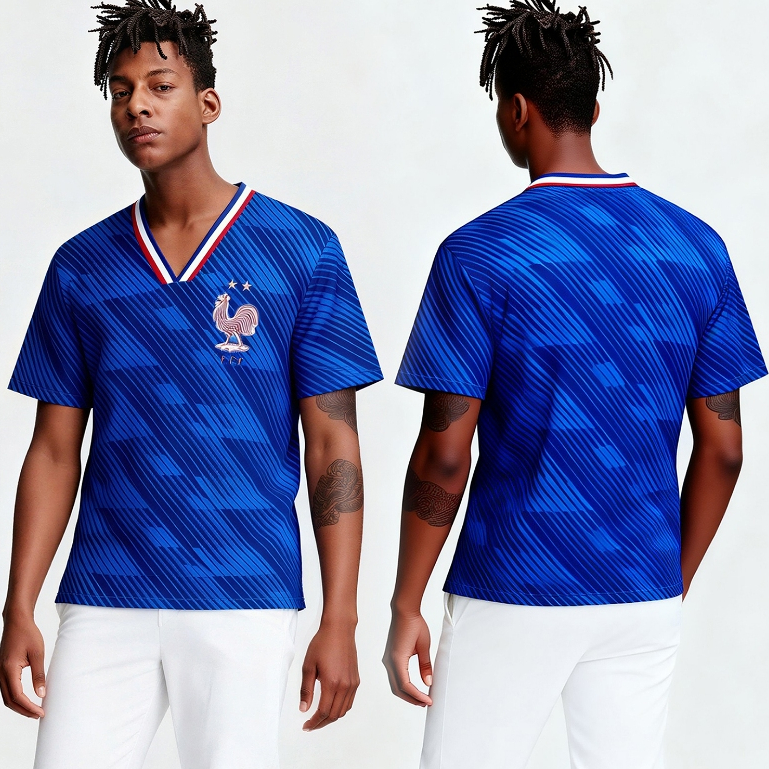 Jersey sepak bola Argentina putih biru dengan garis vertikal, jersey sepak bola Spanyol merah dengan
