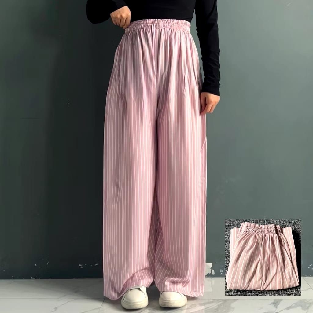 celana kulot rayon motif garis strip celana rayon warna pink