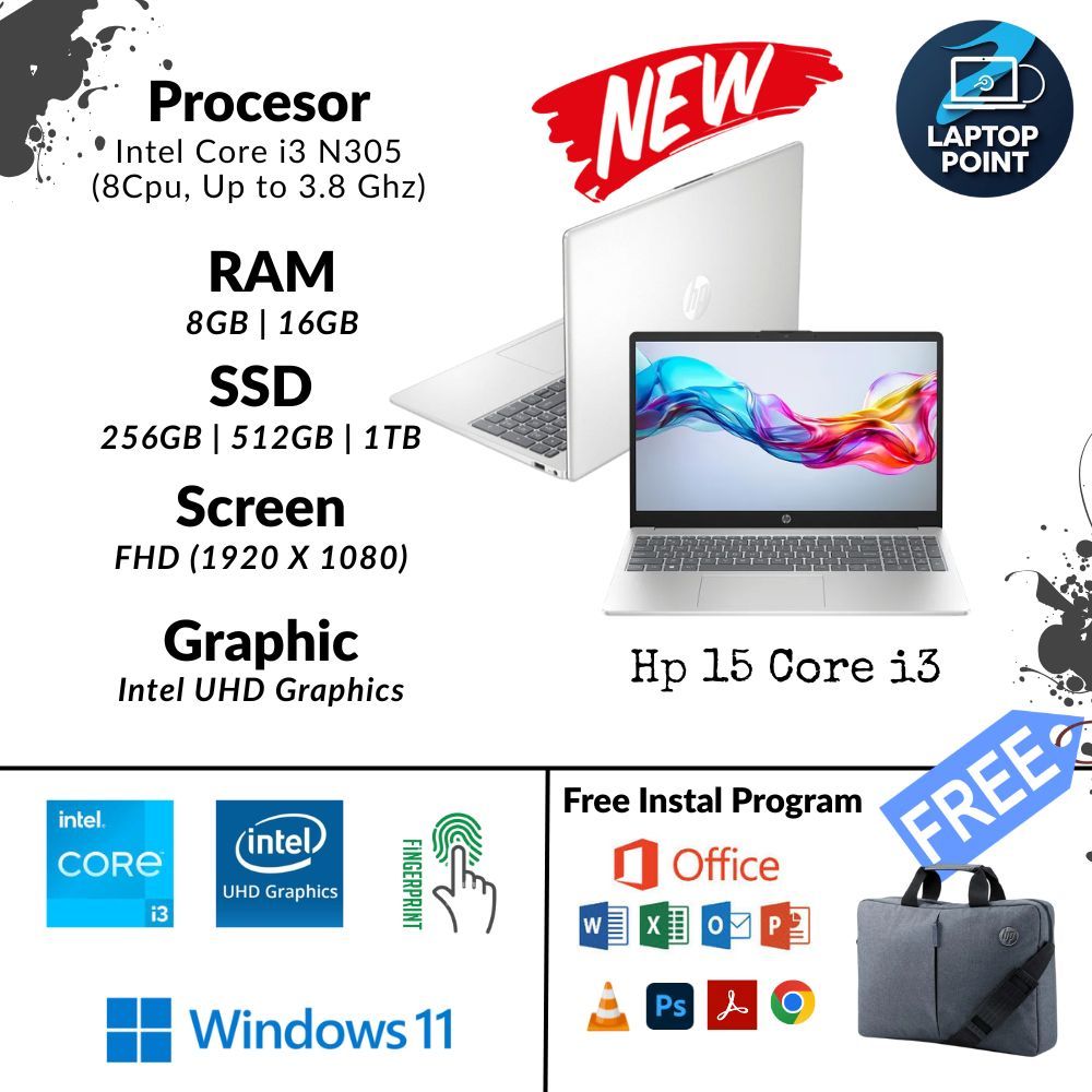 Laptop Baru Hp14 dan Hp15 Intel Core 3 N305 Finggerprint dan touchscreen 16/1TB