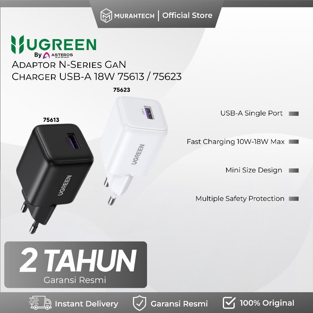 UGREEN 75613 / 75623 Adaptor N-Series GaN Charger USB-A 18W Adapter Kepala Charger USB Type A Charge