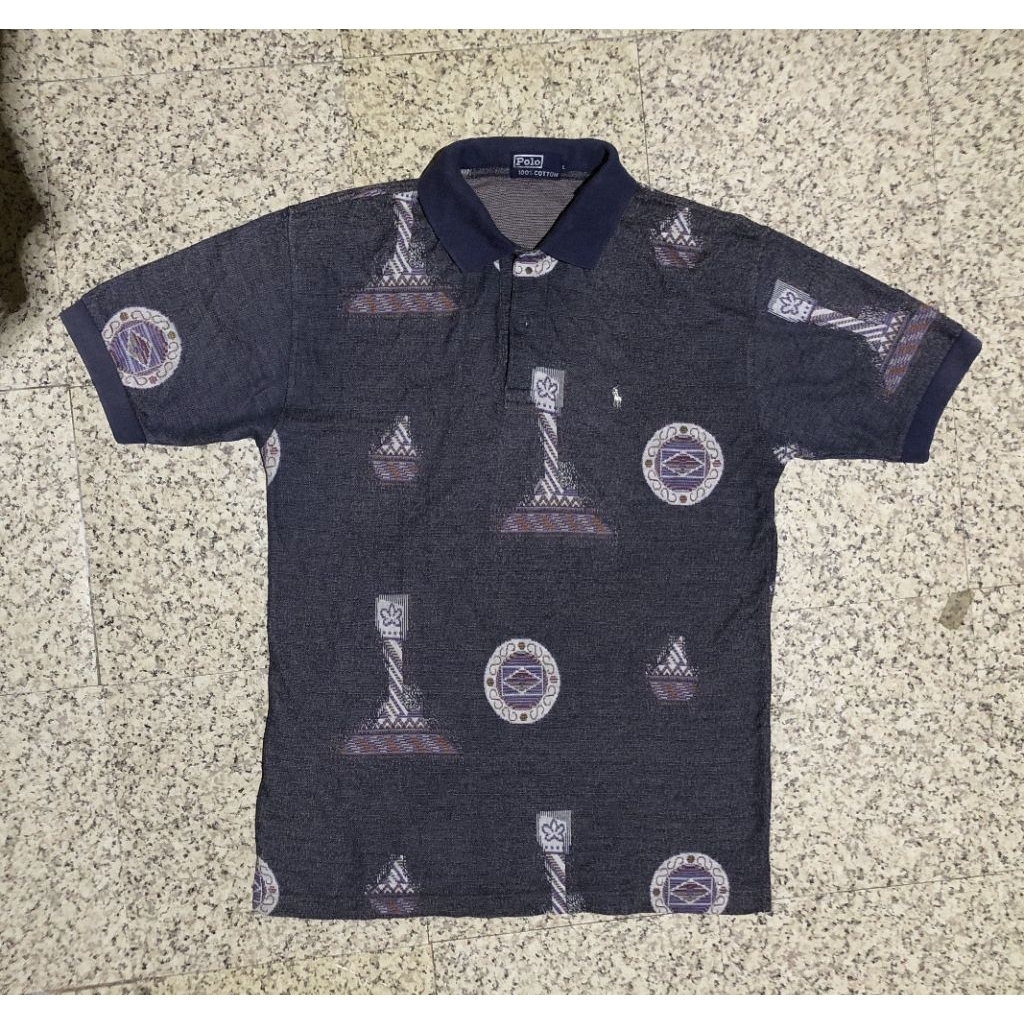 VINTAGE 80's Polo Ralph Lauren AOP Tribal Print Knit Polo Shirt Size L