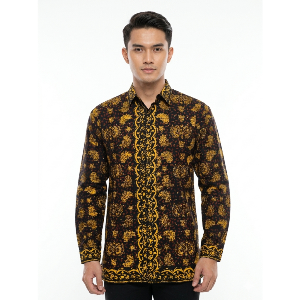 RIA LESTARI Kemeja Batik Jambi Katun Kemeja Pria Hitam Kuning Gold Motif Angso Duo Elegan
