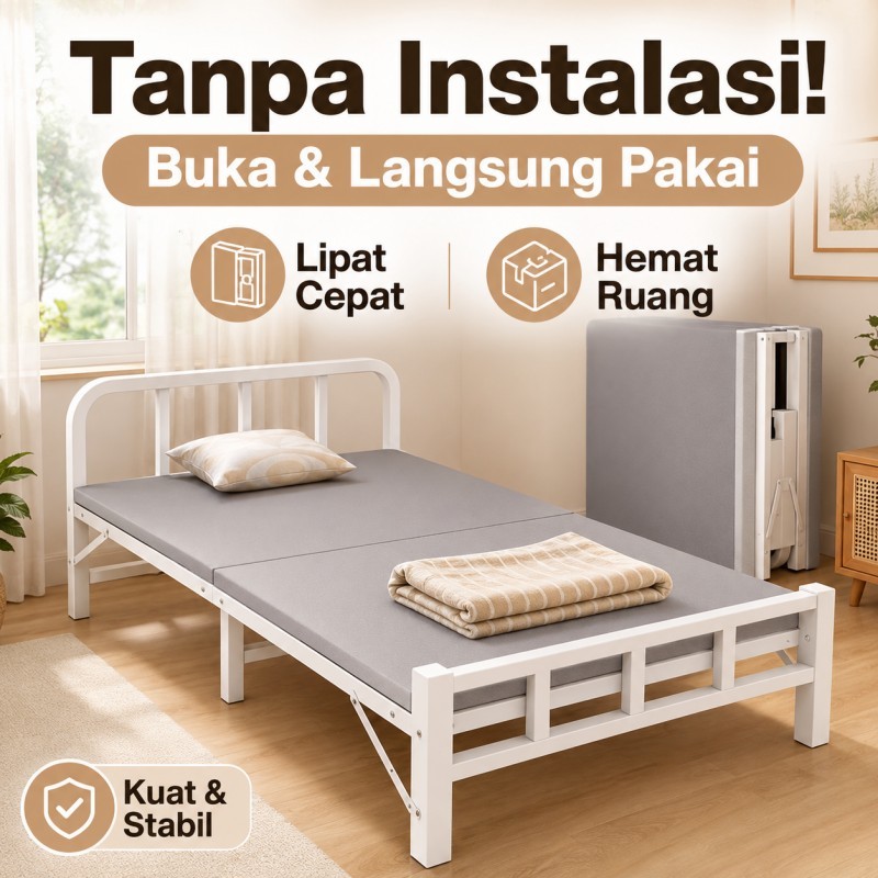 Ranjang Lipat Tempat Tidur Lipat Kecil Single Dipan Besi Portabel Tanpa Rakit, 10cm Extra Tebal