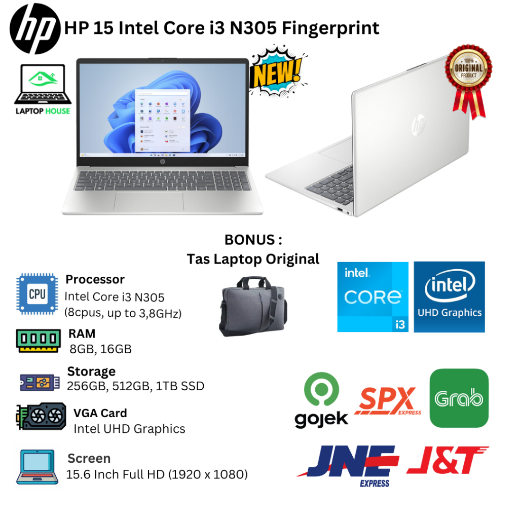 Laptop Baru Hp 15 Intel Core i3 N305 8Cpus upto 3,8Ghz Touchscreen / Non Touchscreen
