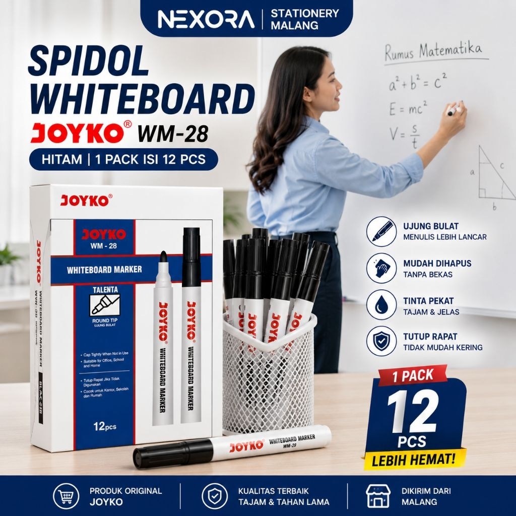 Spidol Whiteboard Joyko WM 28 Hitam 1 Pack Isi 12 Spidol Board Marker Tinta Pekat Mudah Dihapus