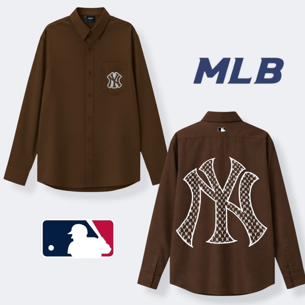 MLB Kemeja Pria Kasual Lengan Panjang Bordir Semi Oversize