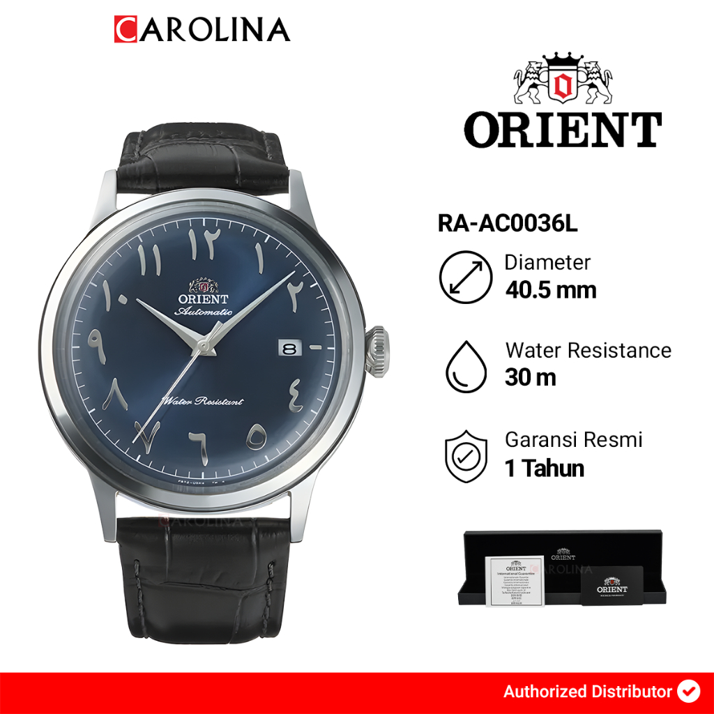 Jam Tangan Pria Orient Bambino RA-AC0036L Automatic Navy Blue Arabic Dial Black Leather Strap