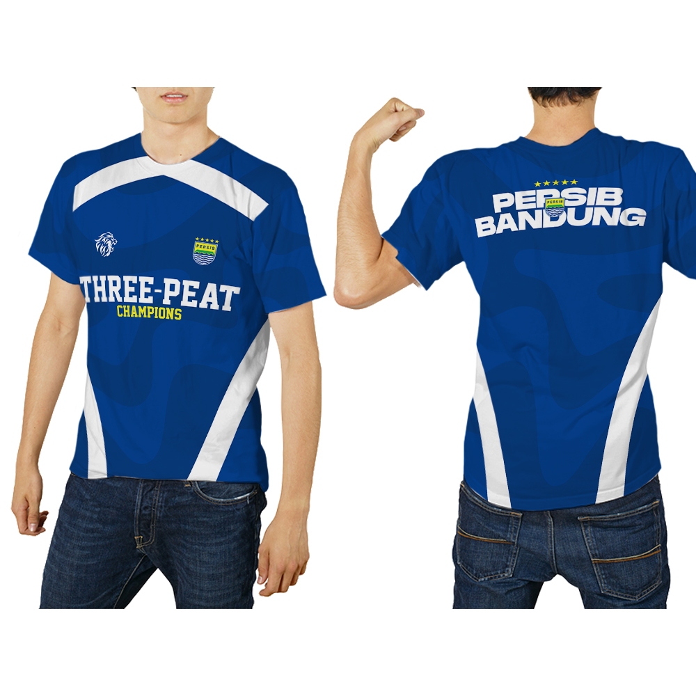 UBER SUBLIM - Baju Pria dan Wanita Kaos T-Shirt Jersey PERSIB BANDUNG THREE-PEAT CHAMPIONS Biru Cust