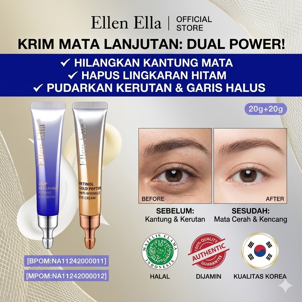 [Ready] ELLEN ELLA Krim Mata Paket 2pcs Kombinasi Retinol & Caviar Eye Cream 20g Anti Kerut Menghidr