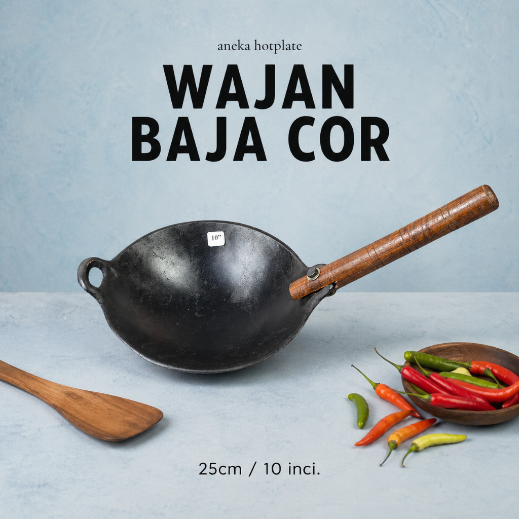 WAJAN BAJA COR 10" 25CM/ WAJAN KUALI BAJA/ WOK BESI COR/ WAJAN JUMBO / PRE SEASONED/ DENGAN GAGANG