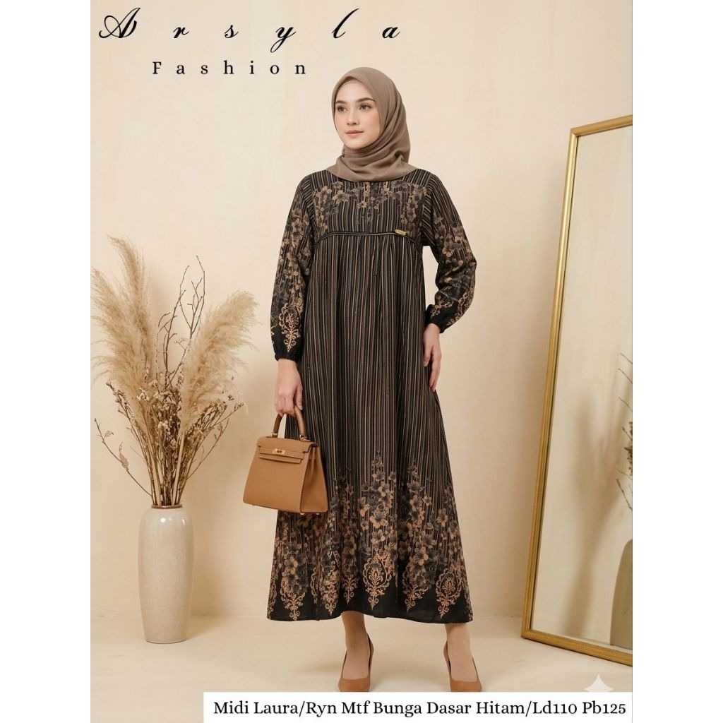 MIDI DRESS RAYON PREMIUM MOTIF BUNGA DASAR HITAM ARSYLA