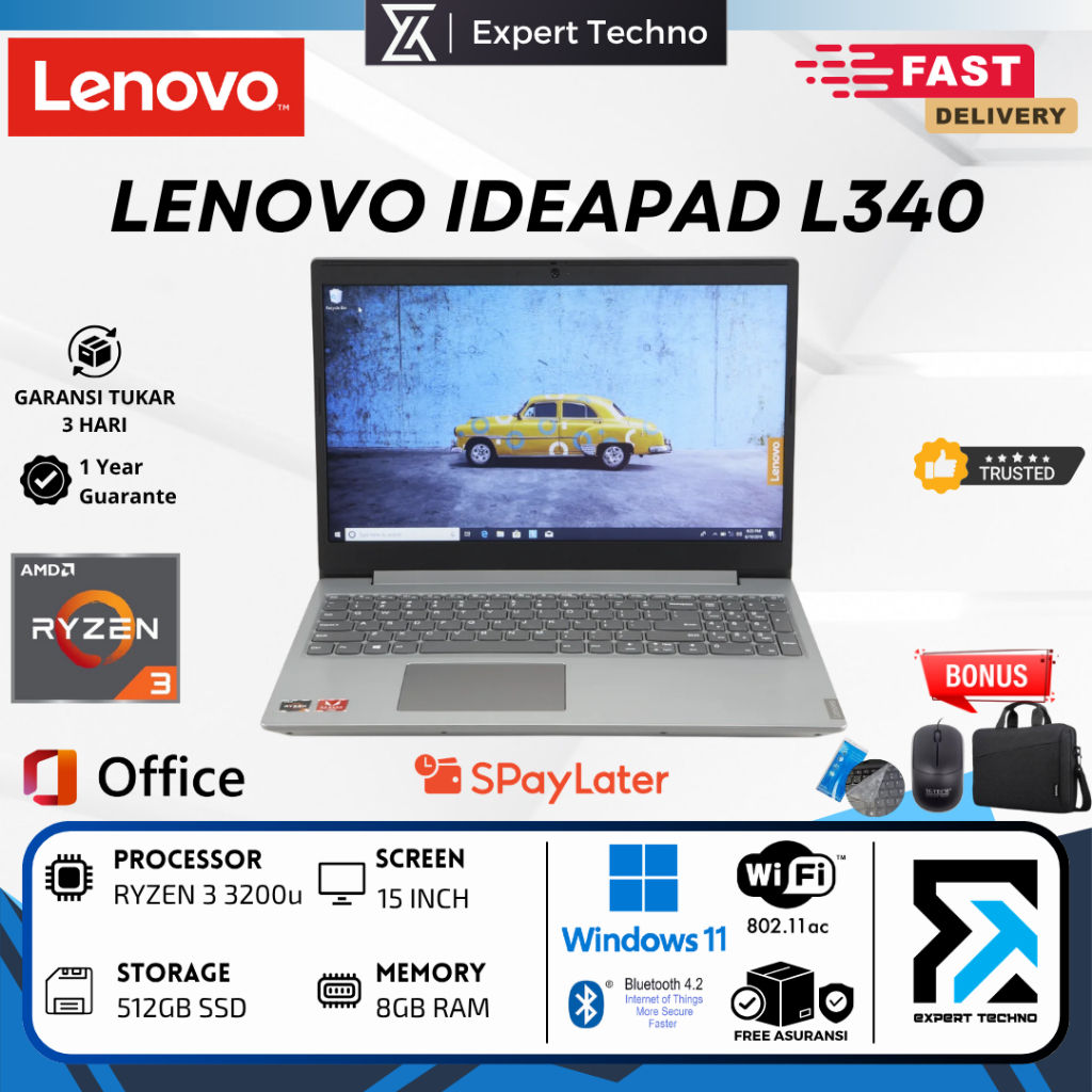 LENOVO IDEAPAD L340 AMD RYZEN 3 3200U RAM 8GB SSD 512GB VGA 15" WIN11 - FREE MOUSE & TAS