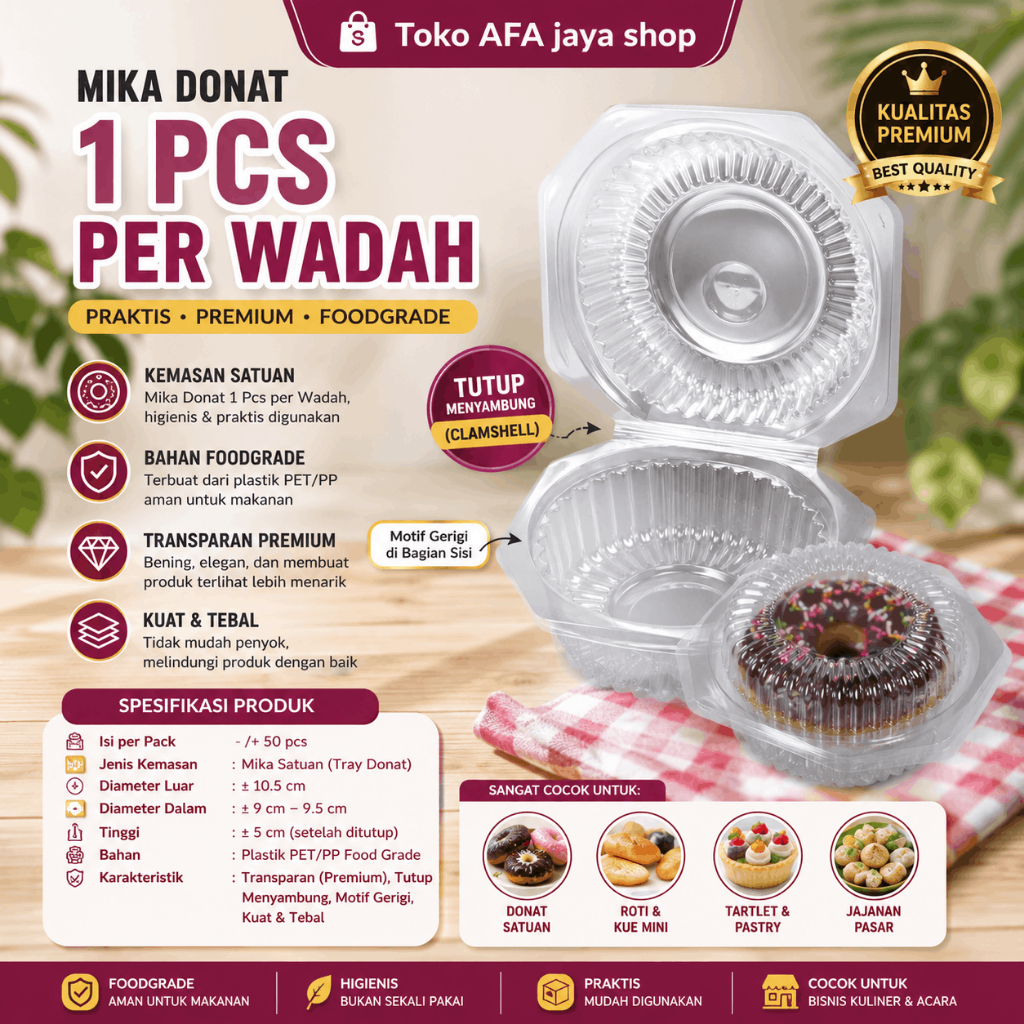 Mika Donat 1 Pcs Mika Plastik Bening Food Grade Wadah Donat Satuan Clamshell Premium 50 Pcs