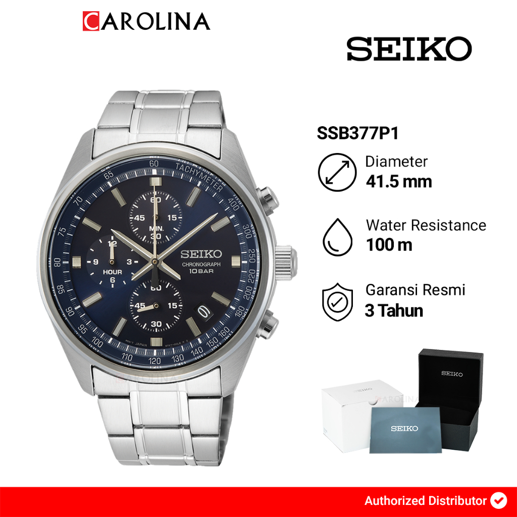 Jam Tangan Pria Seiko Chronograph SSB377P1 Dark Blue Dial Stainless Steel Strap