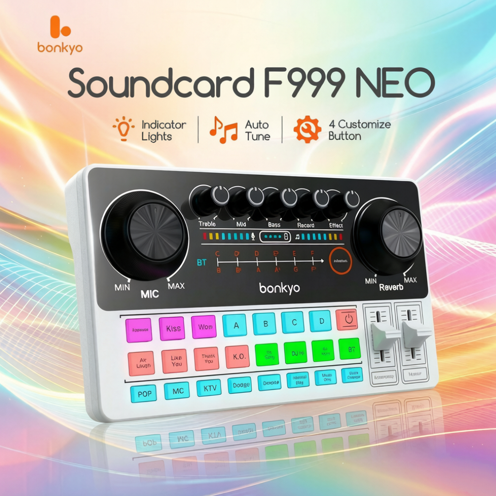 Bonkyo F999NEO Sound Card Peralatan Lapangan Bluetooth Profesional untuk Karaoke Live Streaming Komp