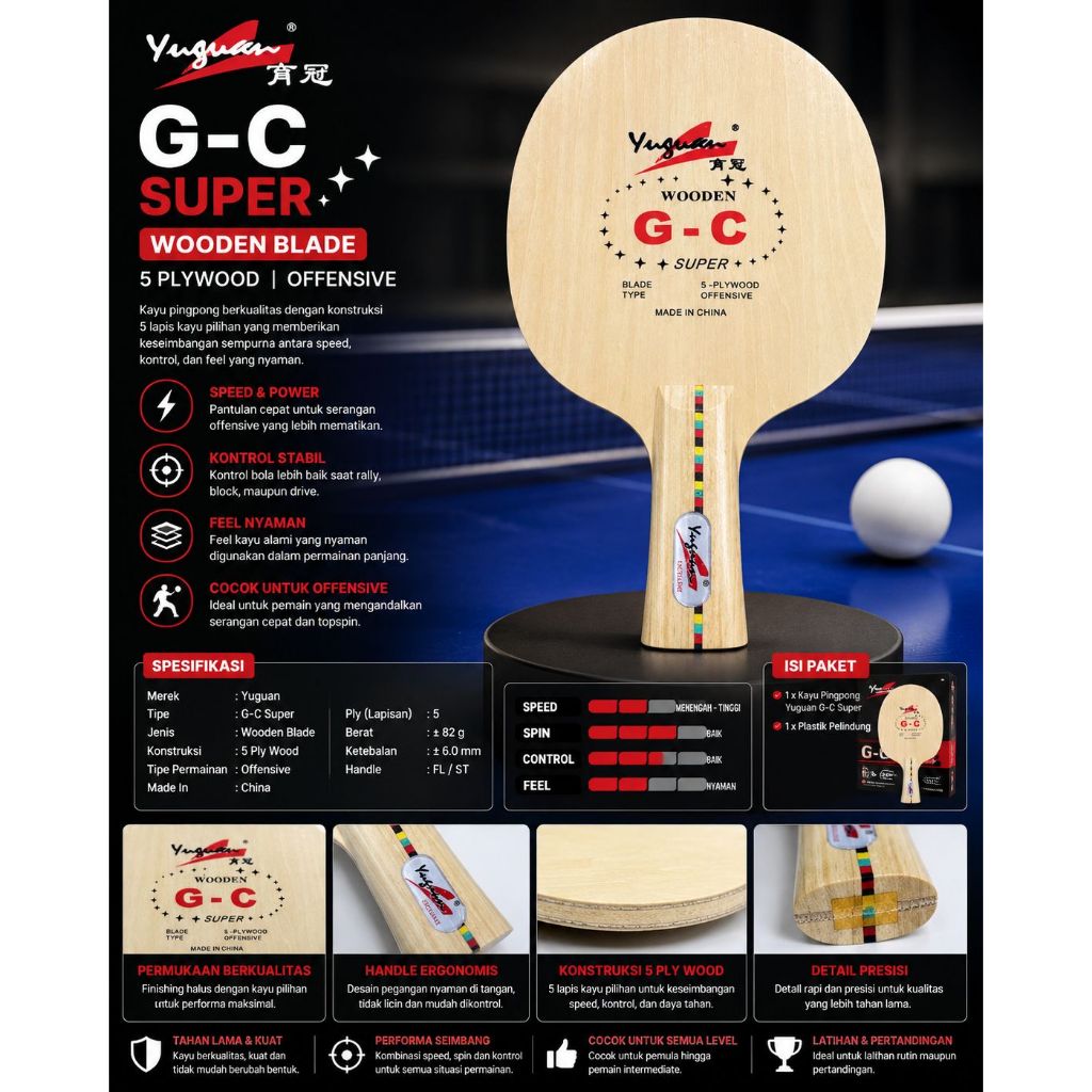 Kayu Pingpong Tenis Meja Yuguan G-C Wooden Super