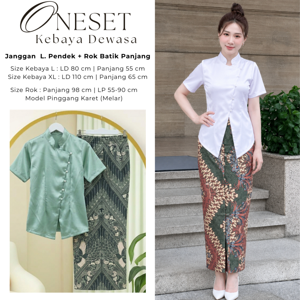 Set Kebaya Janggan Satin + Rok Batik Panjang Dewasa Setelan Kebaya Wisuda Mewah Modern Lengan Pendek