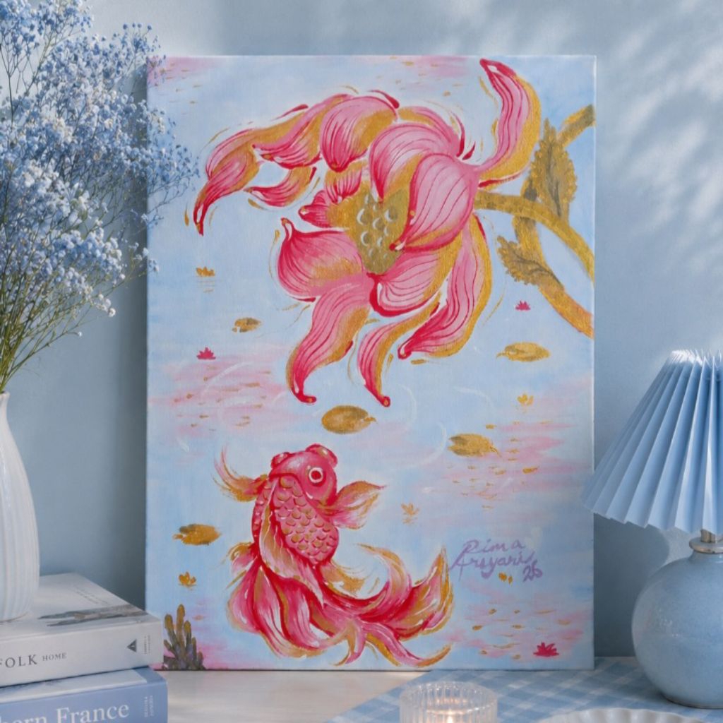 Lukisan Ikan Koi Handmade Estetik Pink Biru Gold|Wall Decor Lukisan Canvas Aesthetic|Lukisan 30×40