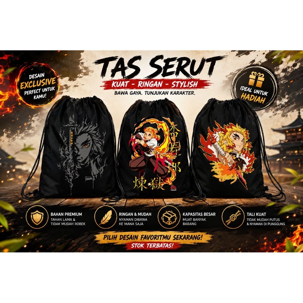 Tas Serut String Bag Full Print | Tas Serut Anime Demon Slayer Rengoku | Tas Serut Gymsack Multifung